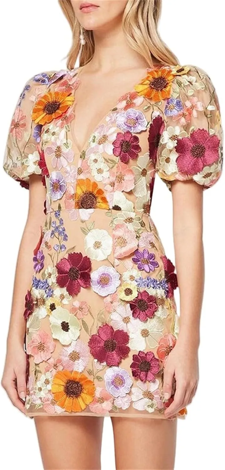 Women's 3D Vneck Puff Sleeve Floral Embroidery Dress, Summer Bodycon Tulle Mesh Mini Dress, for Party Cocktail