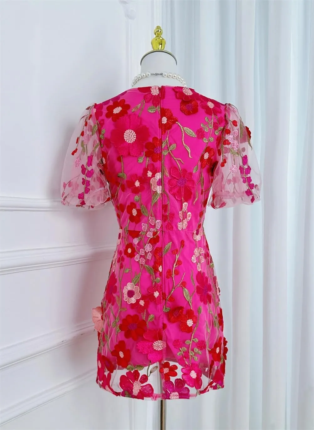 Women's 3D Vneck Puff Sleeve Floral Embroidery Dress, Summer Bodycon Tulle Mesh Mini Dress, for Party Cocktail