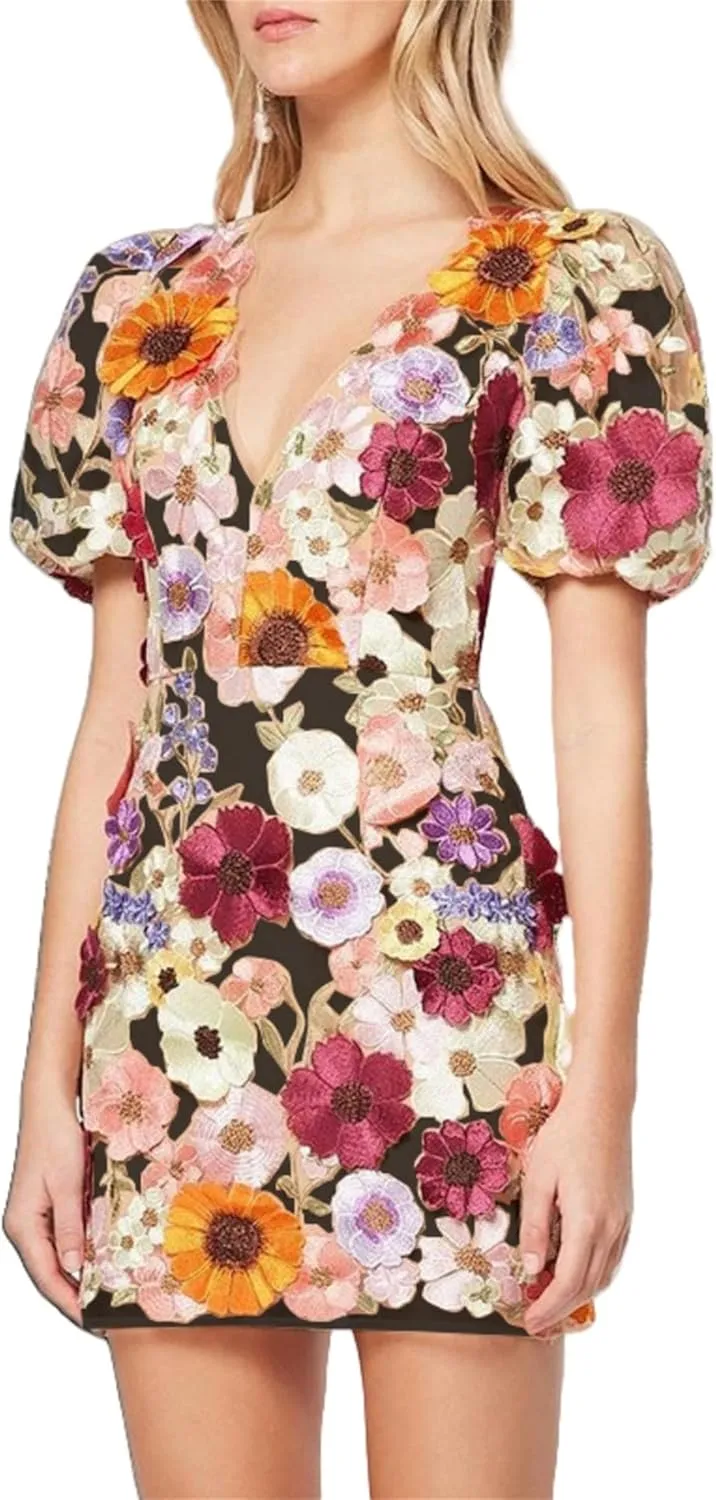 Women's 3D Vneck Puff Sleeve Floral Embroidery Dress, Summer Bodycon Tulle Mesh Mini Dress, for Party Cocktail