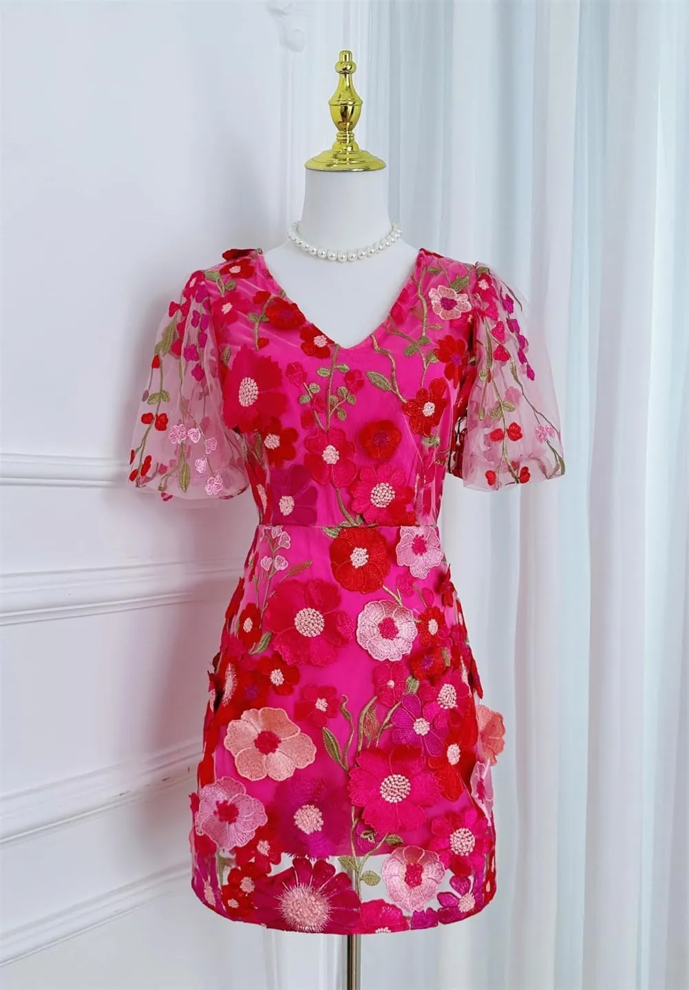 Women's 3D Vneck Puff Sleeve Floral Embroidery Dress, Summer Bodycon Tulle Mesh Mini Dress, for Party Cocktail