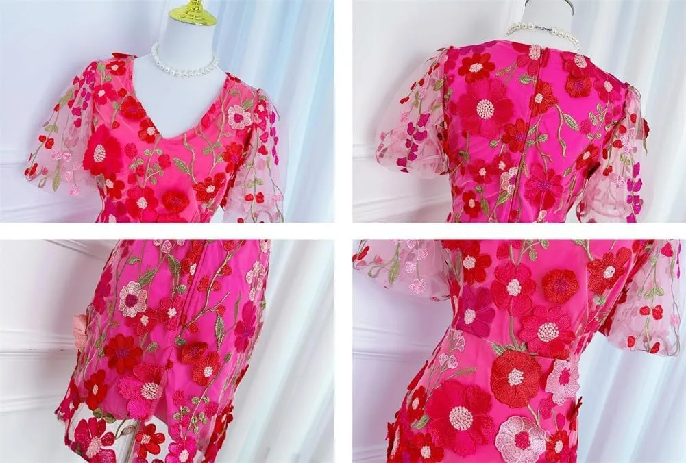 Women's 3D Vneck Puff Sleeve Floral Embroidery Dress, Summer Bodycon Tulle Mesh Mini Dress, for Party Cocktail