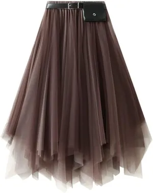 Women's A-Line Tulle Skirt - Asymmetric Multilayer Mesh, Elastic Waist, Belted Princess Skirt