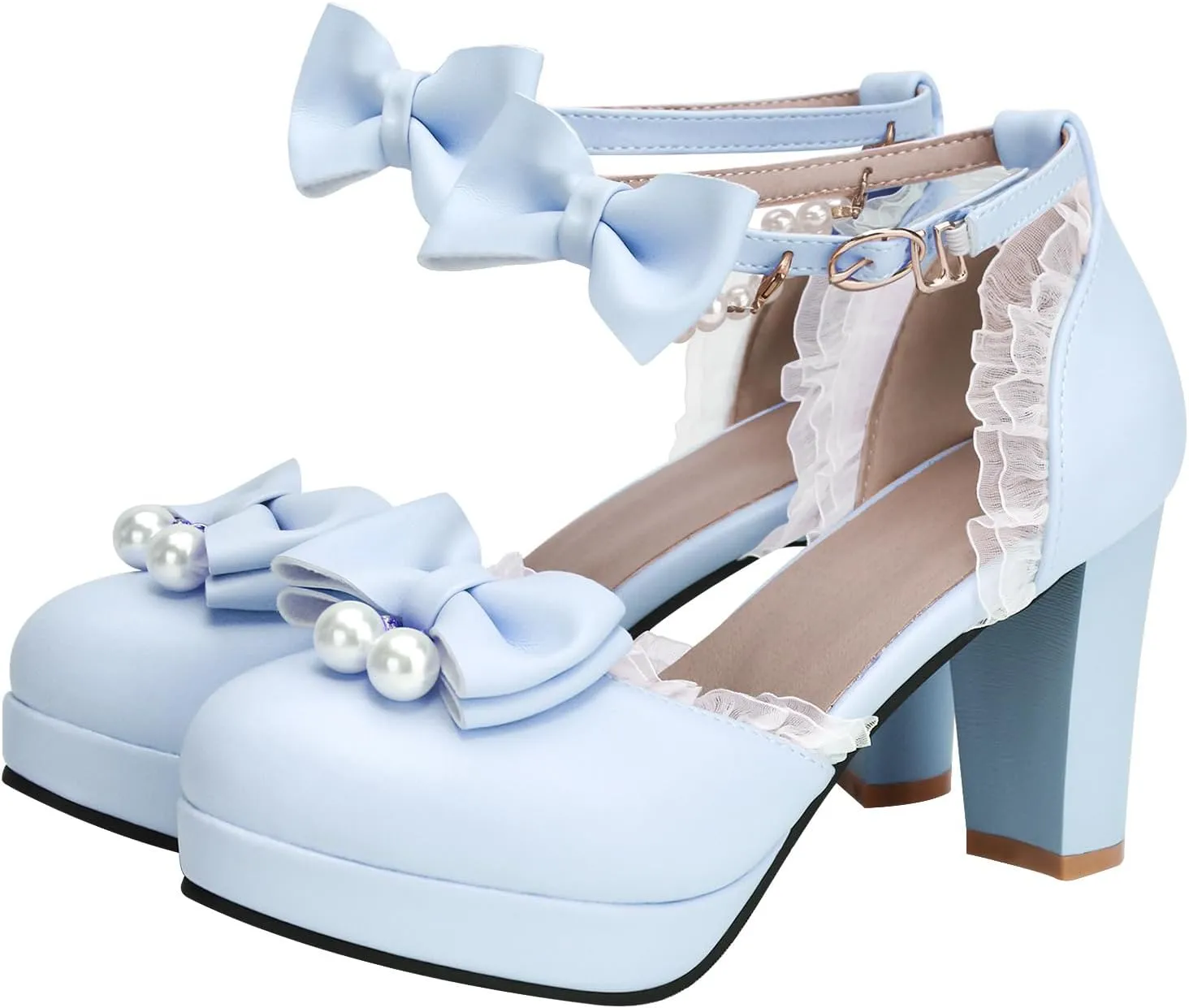 Women's Block High Heel Bow Tie Ruffles Pearl String Bead Lolita Pumps Goth Ankle Strap Sweet Princess Shoes