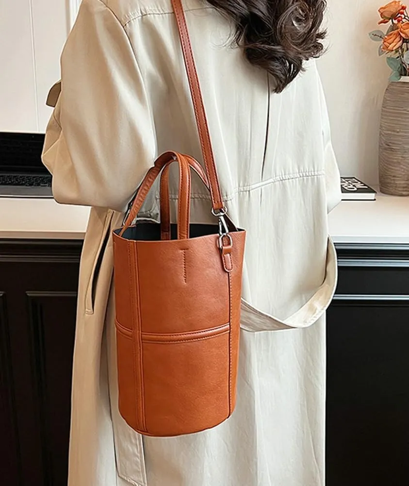 Womens Bucket Tote Bag Vegan Leather Shoulder Crossbody Purse Large Handbag Casual Satchel with Drawstring Pouch
