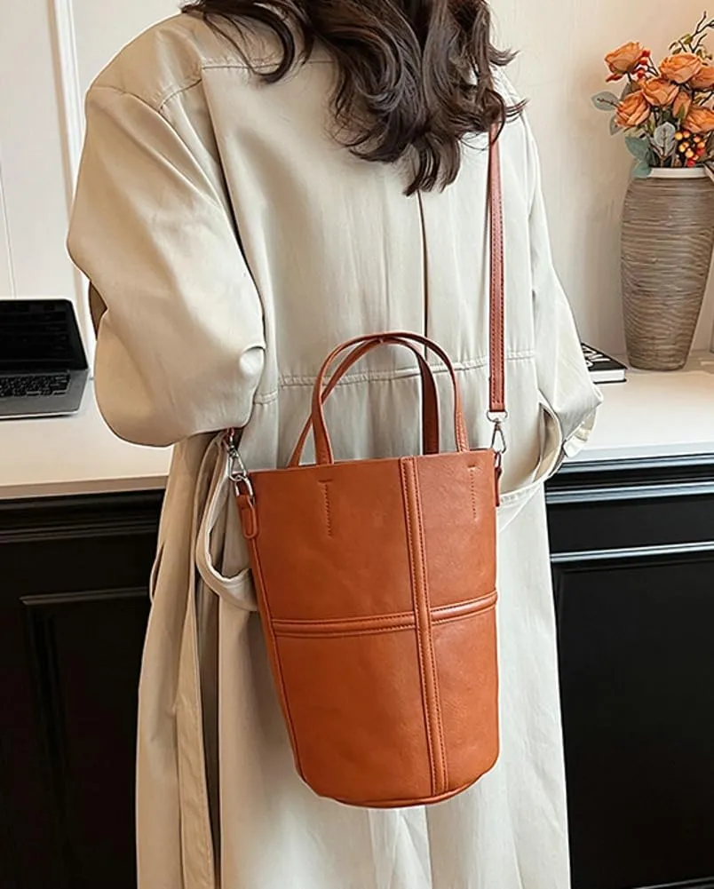 Womens Bucket Tote Bag Vegan Leather Shoulder Crossbody Purse Large Handbag Casual Satchel with Drawstring Pouch