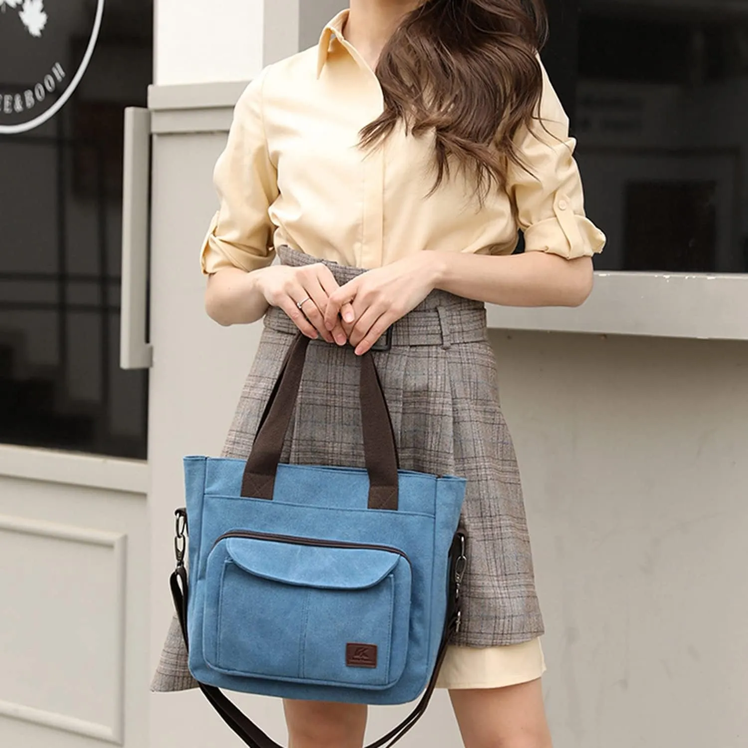 Women's Canvas Top Handle Handbag Stylish Multi-pocket Shoulder Tote Purse Work Crossbody Bags (Grey) One Size