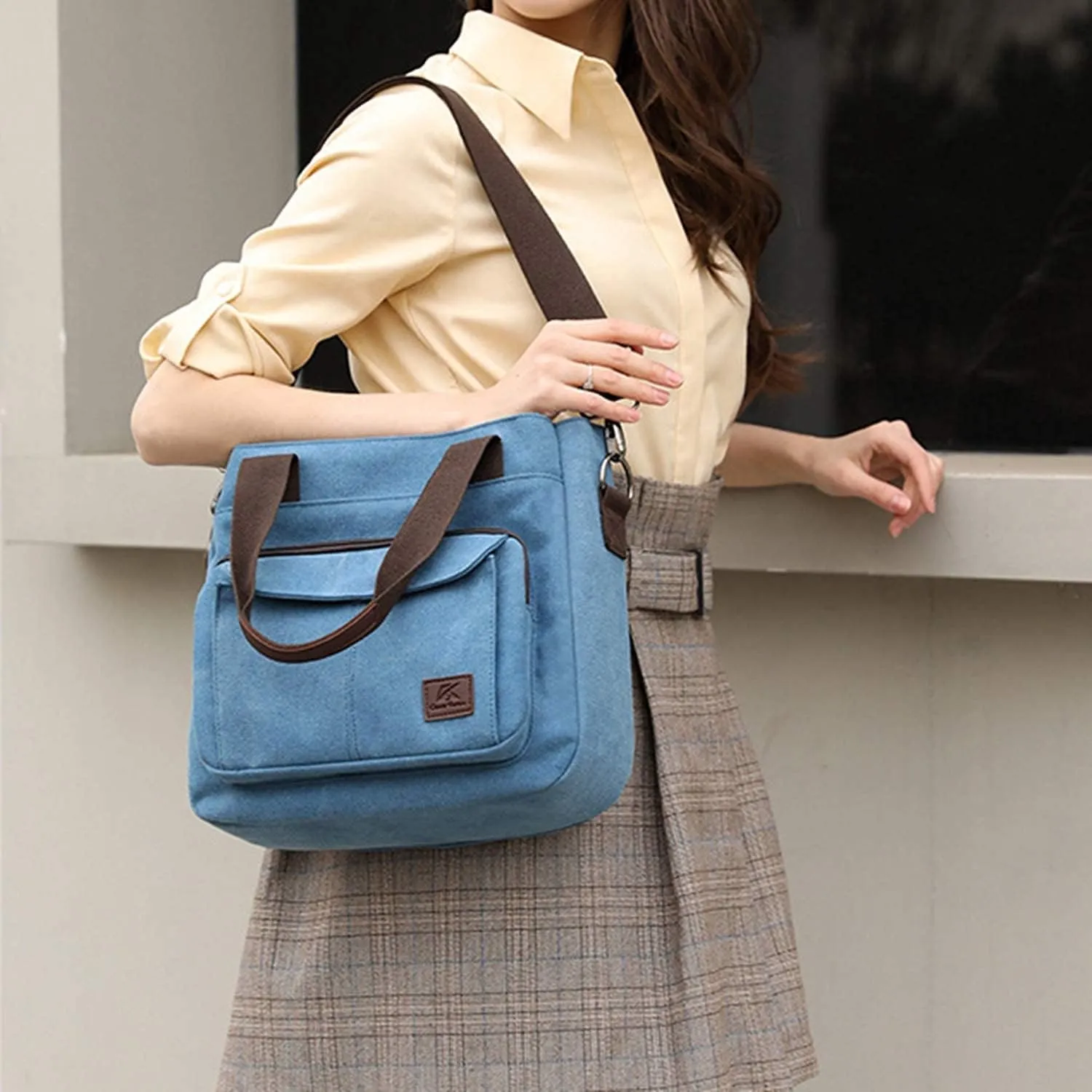 Women's Canvas Top Handle Handbag Stylish Multi-pocket Shoulder Tote Purse Work Crossbody Bags (Grey) One Size
