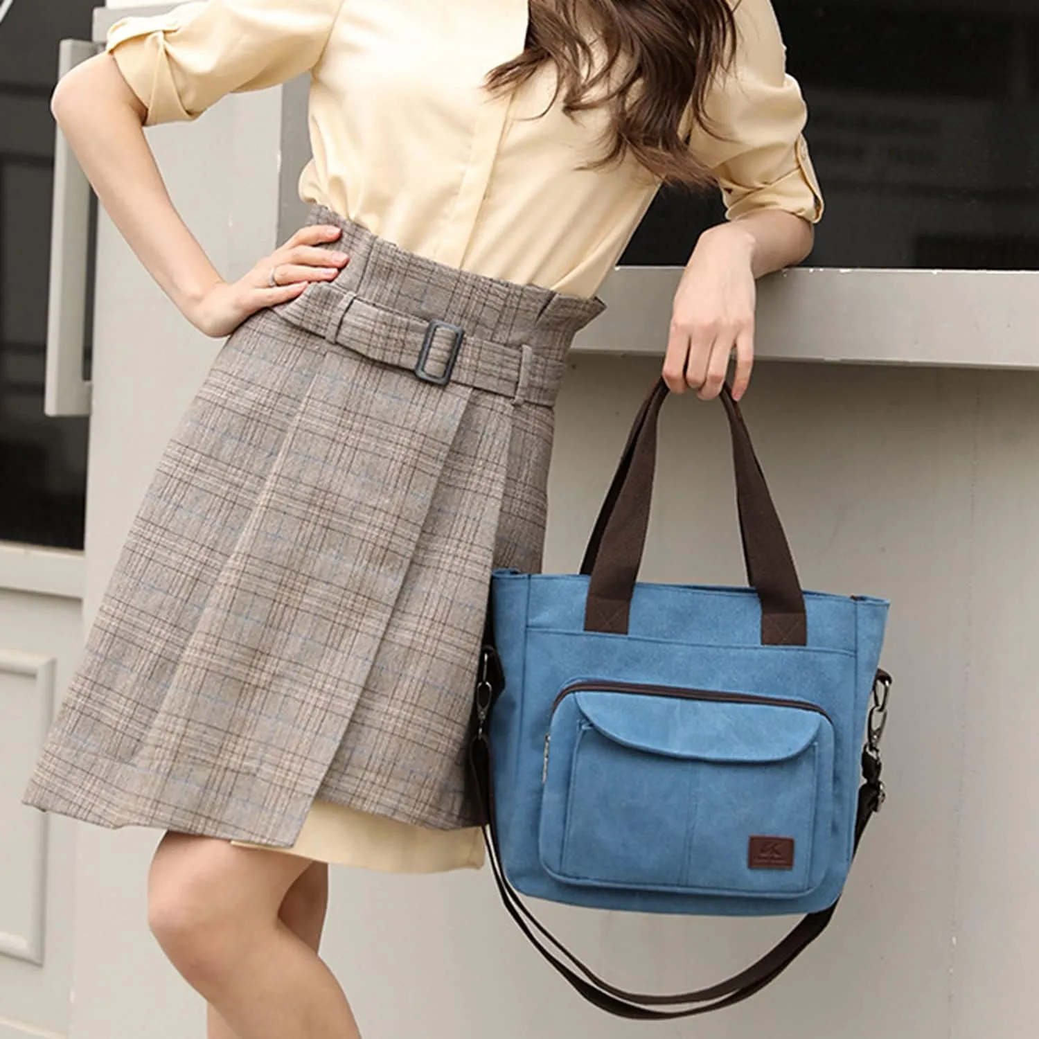 Women's Canvas Top Handle Handbag Stylish Multi-pocket Shoulder Tote Purse Work Crossbody Bags (Grey) One Size
