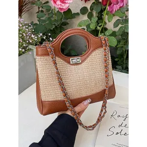 Women's Chic Woven Handbag with Leather Accents and Fabric Patchwork – Versatile Handheld and Crossbody Bag with Chain Strap, Perfect for Casual and Daytime Outings