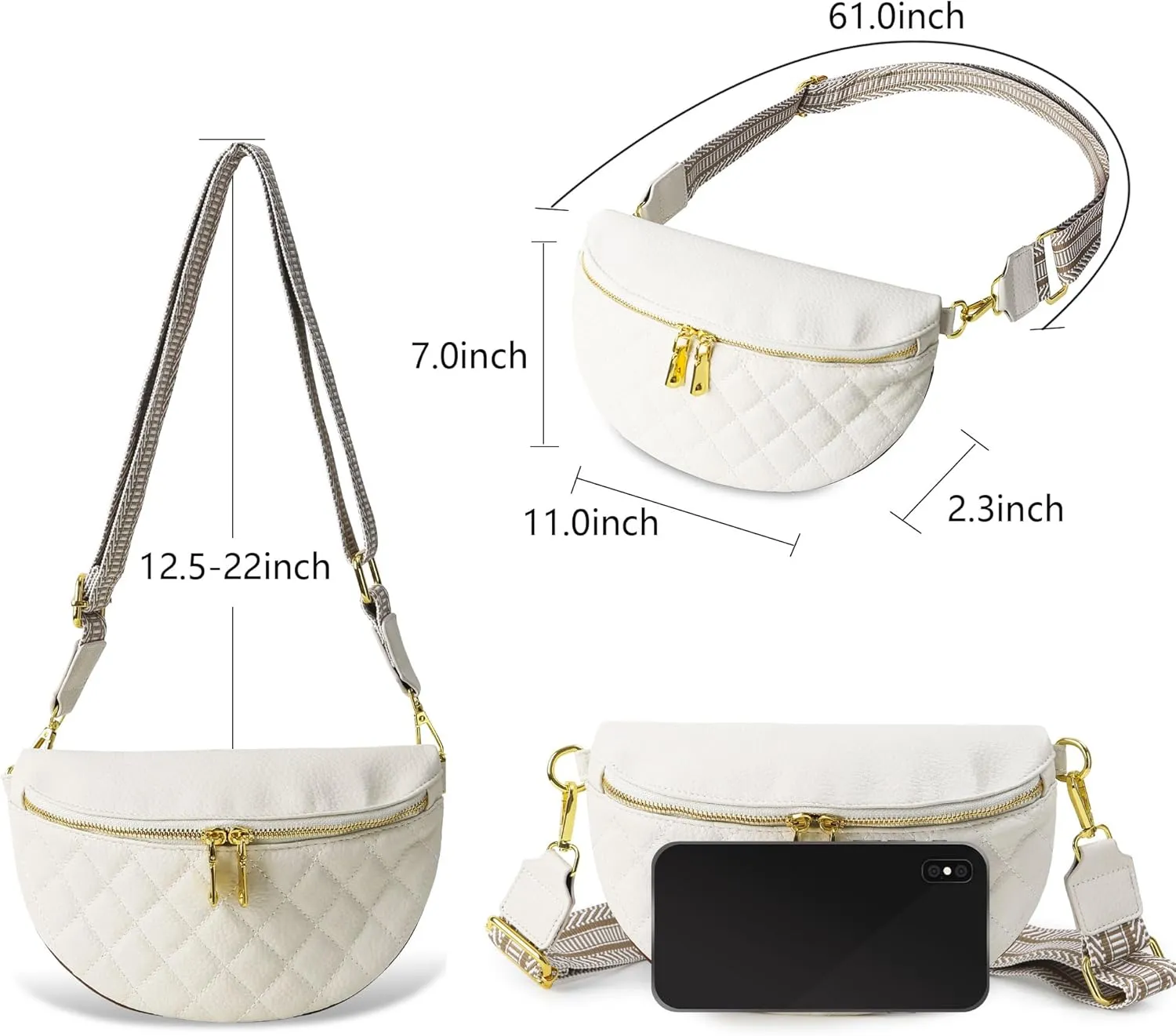 Women's Crossbody Fanny Pack, Vegan Leather, White, 11 x 2.3 x 7 inches