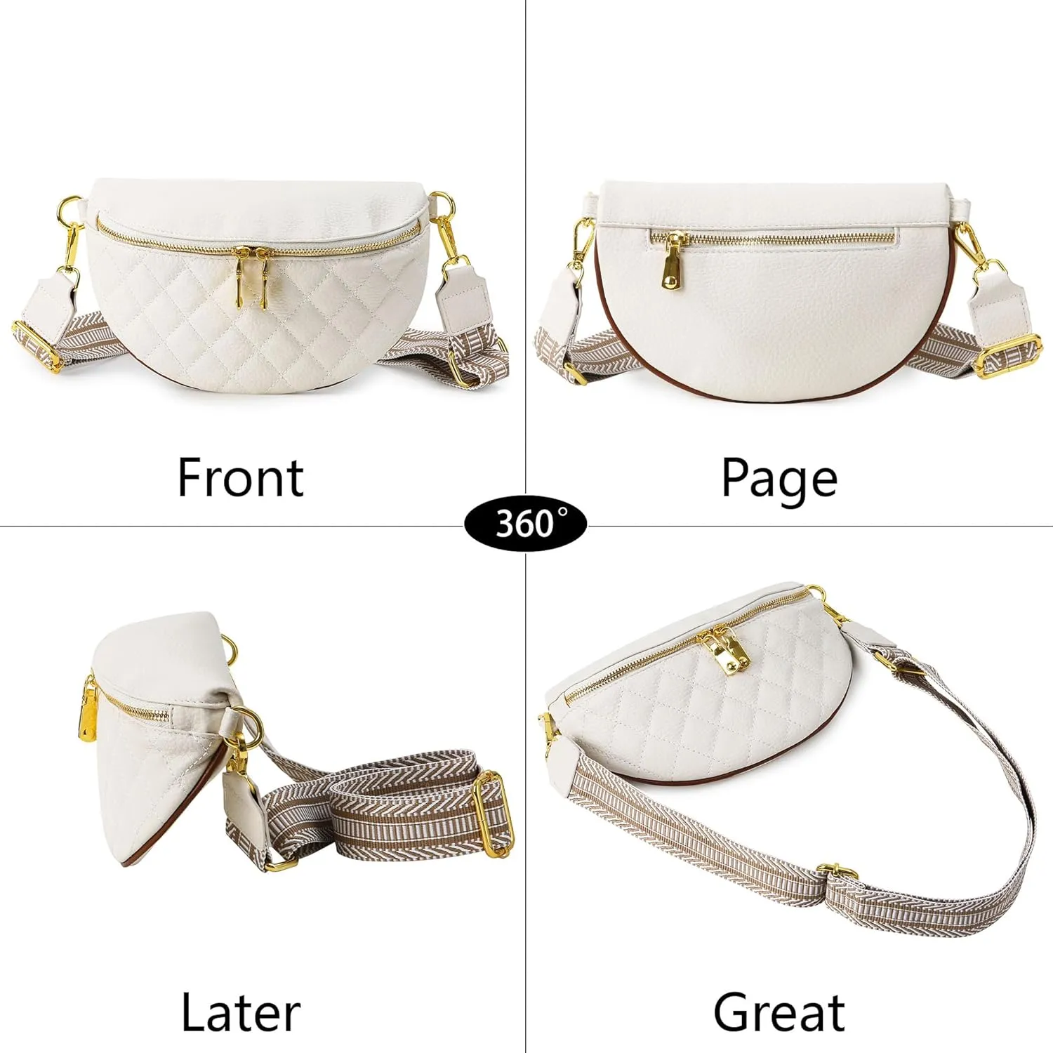 Women's Crossbody Fanny Pack, Vegan Leather, White, 11 x 2.3 x 7 inches