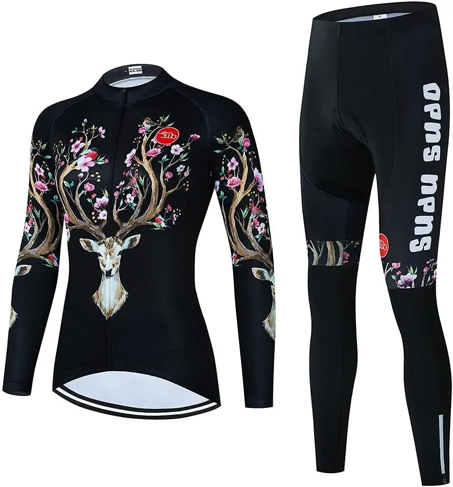 Women's Cycling Clothing Set Long Sleeve Road Bike Shirt Cycling Jersey Bicycle Pants with Gel Padded