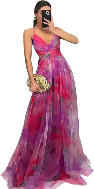 Women's Floral Print Tulle Prom Dresses Spaghetti Straps V Neck A Line Beach Cocktail Dresses XOD0474