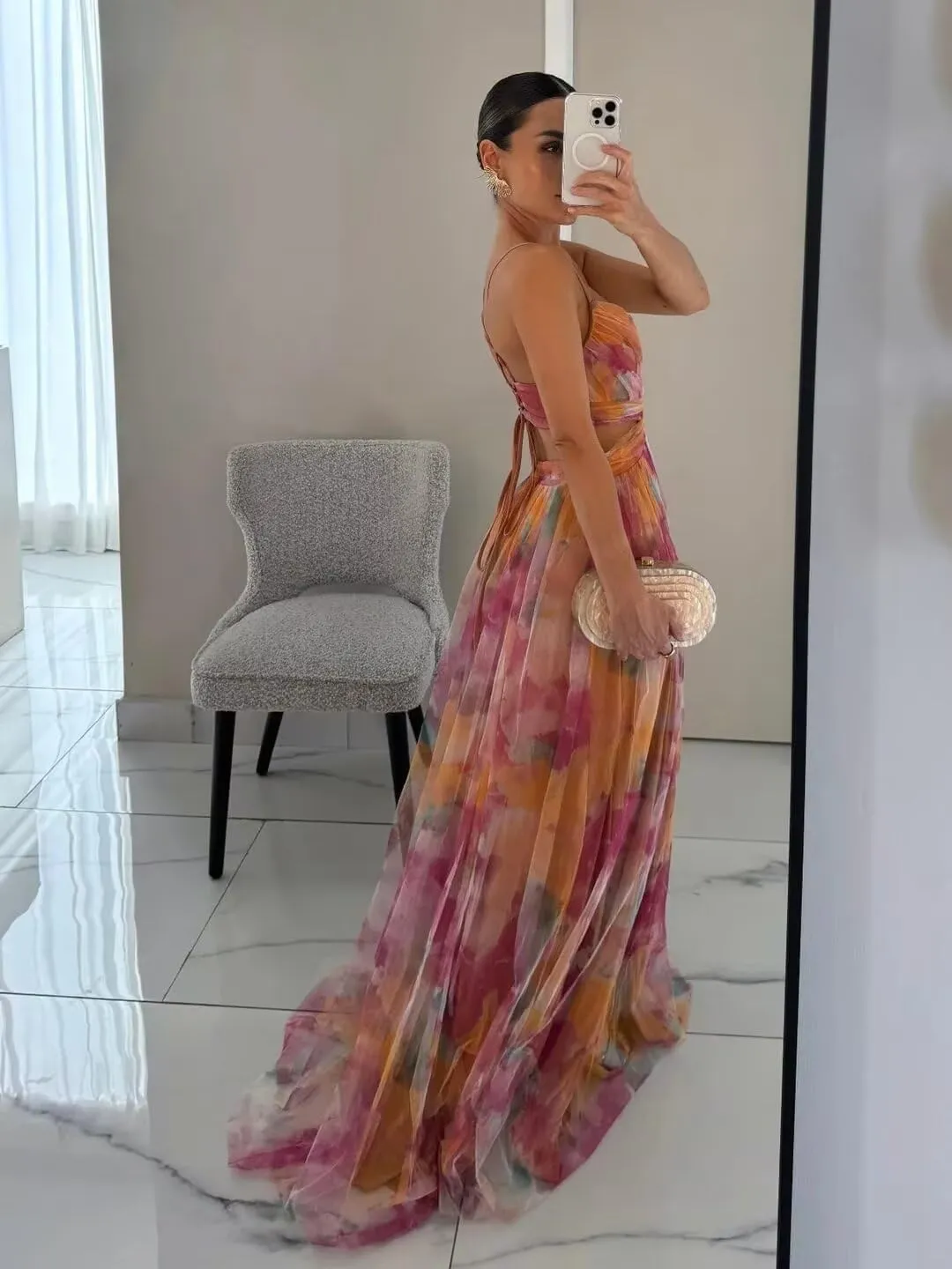 Women's Floral Print Tulle Prom Dresses Spaghetti Straps V Neck A Line Beach Cocktail Dresses XOD0474