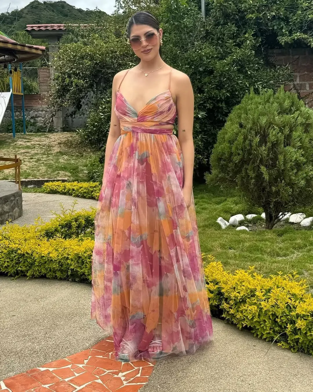 Women's Floral Print Tulle Prom Dresses Spaghetti Straps V Neck A Line Beach Cocktail Dresses XOD0474