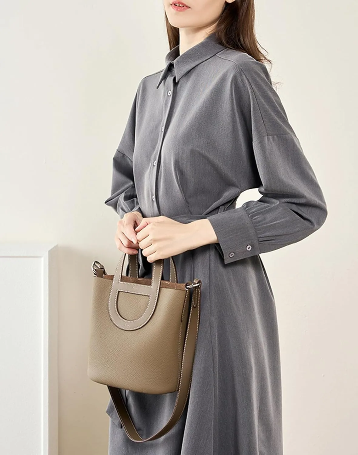 Women's Genuine Leather Bucket Bag Pig Nose Lychee Pattern Vegetable Basket Solid Color Tote Bag Trendy Handbag,Light gray,19 * 12 * 20cm
