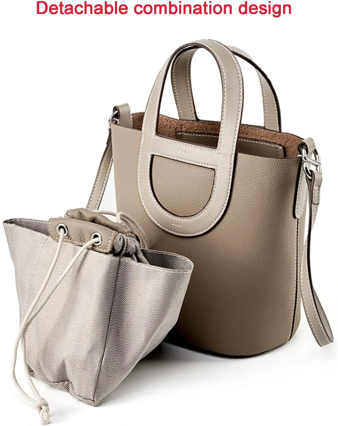 Women's Genuine Leather Bucket Bag Pig Nose Lychee Pattern Vegetable Basket Solid Color Tote Bag Trendy Handbag,Light gray,19 * 12 * 20cm