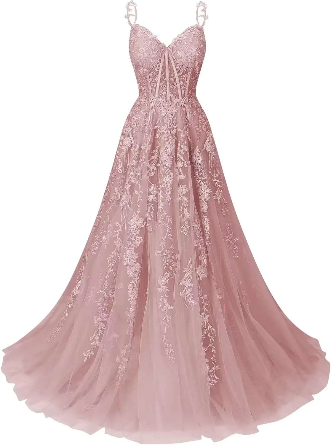 Women's Lace Applique Tulle Prom Dresses A Line Long Pleated 2025 Formal Evening Party Gowns with Slit