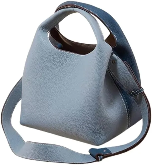 Women's Leather Commuting Bucket Bag Color-blocking Handbag Cowhide Basket Shoulder Crossbody Bag Top Handle Versatile