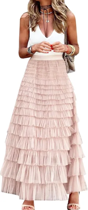 Womens Long Maxi Tulle Skirt A Line Ruffle Mesh High Waisted Tiered Layered Skirts Petticoat