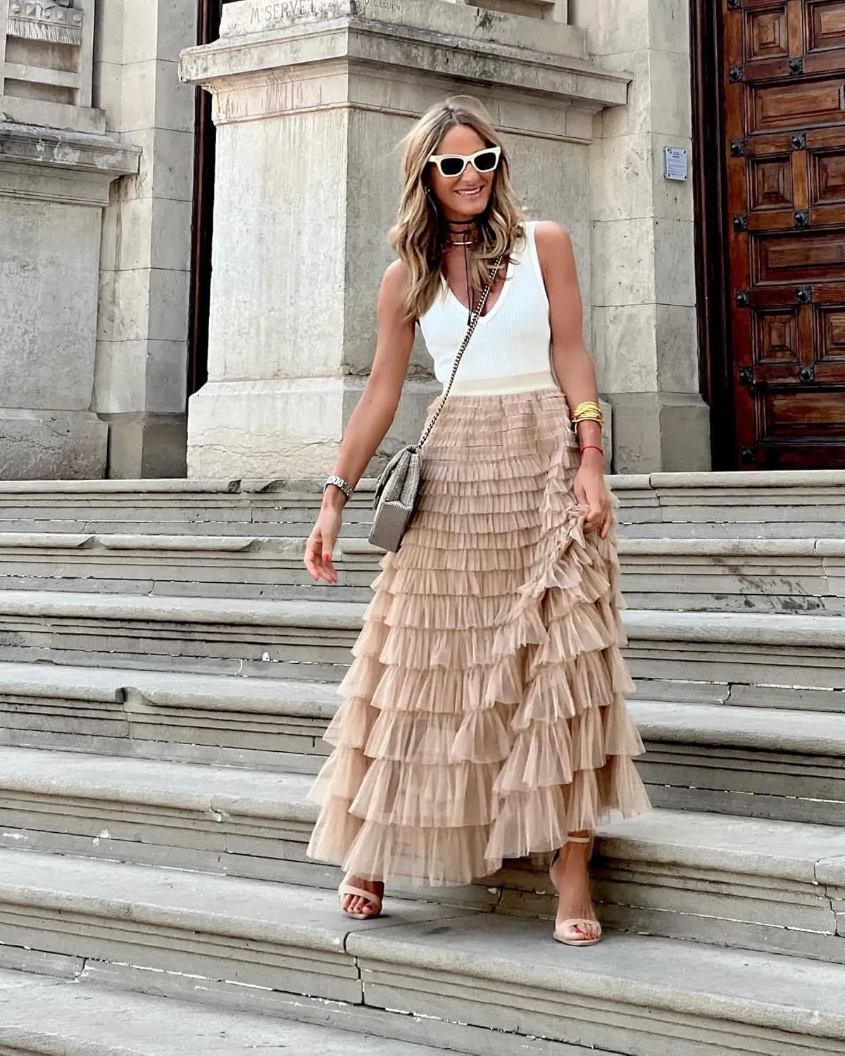 Womens Long Maxi Tulle Skirt A Line Ruffle Mesh High Waisted Tiered Layered Skirts Petticoat