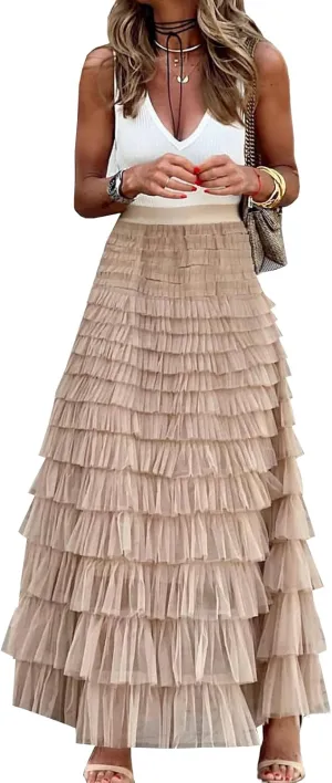 Womens Long Maxi Tulle Skirt A Line Ruffle Mesh High Waisted Tiered Layered Skirts Petticoat