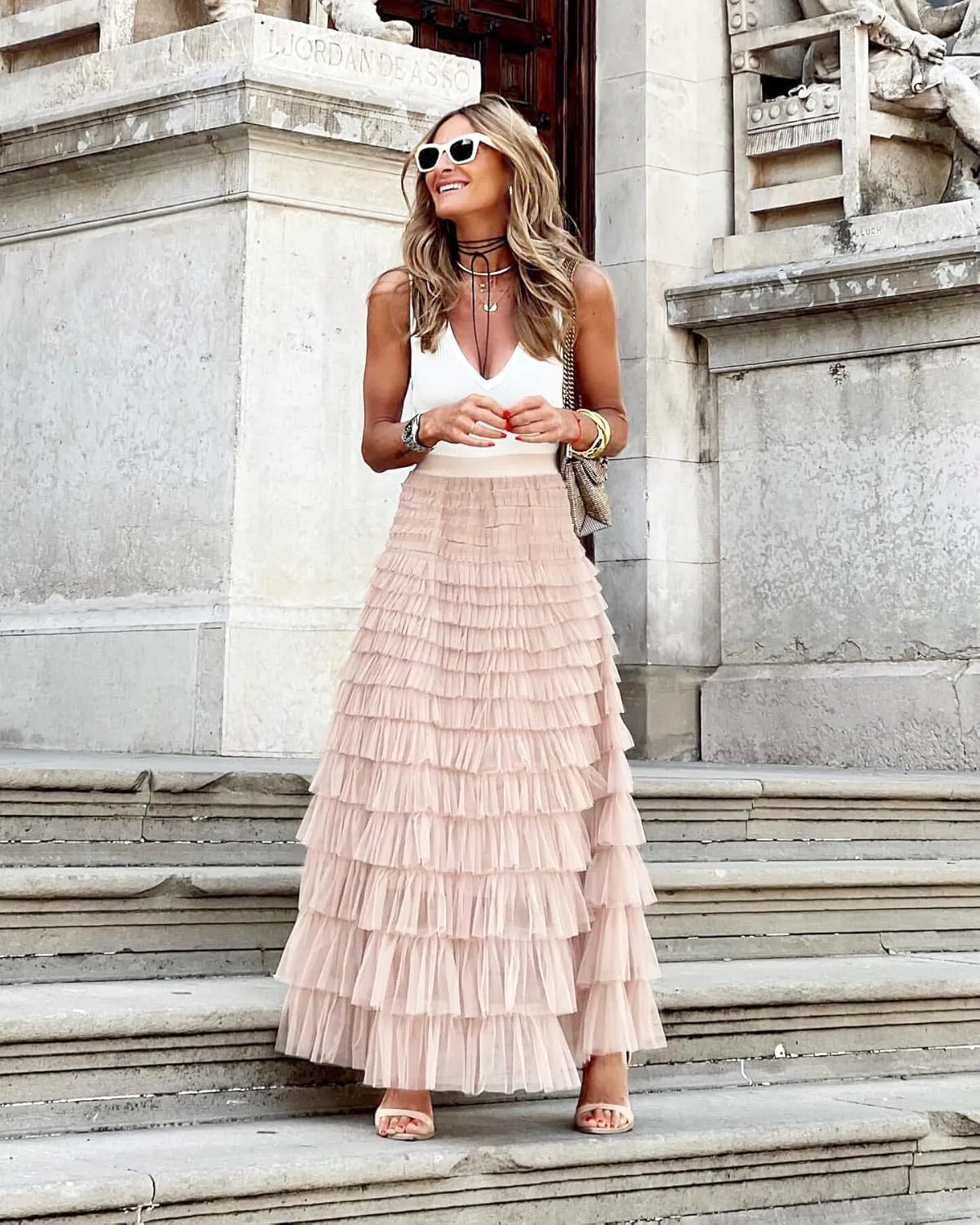 Womens Long Maxi Tulle Skirt A Line Ruffle Mesh High Waisted Tiered Layered Skirts Petticoat