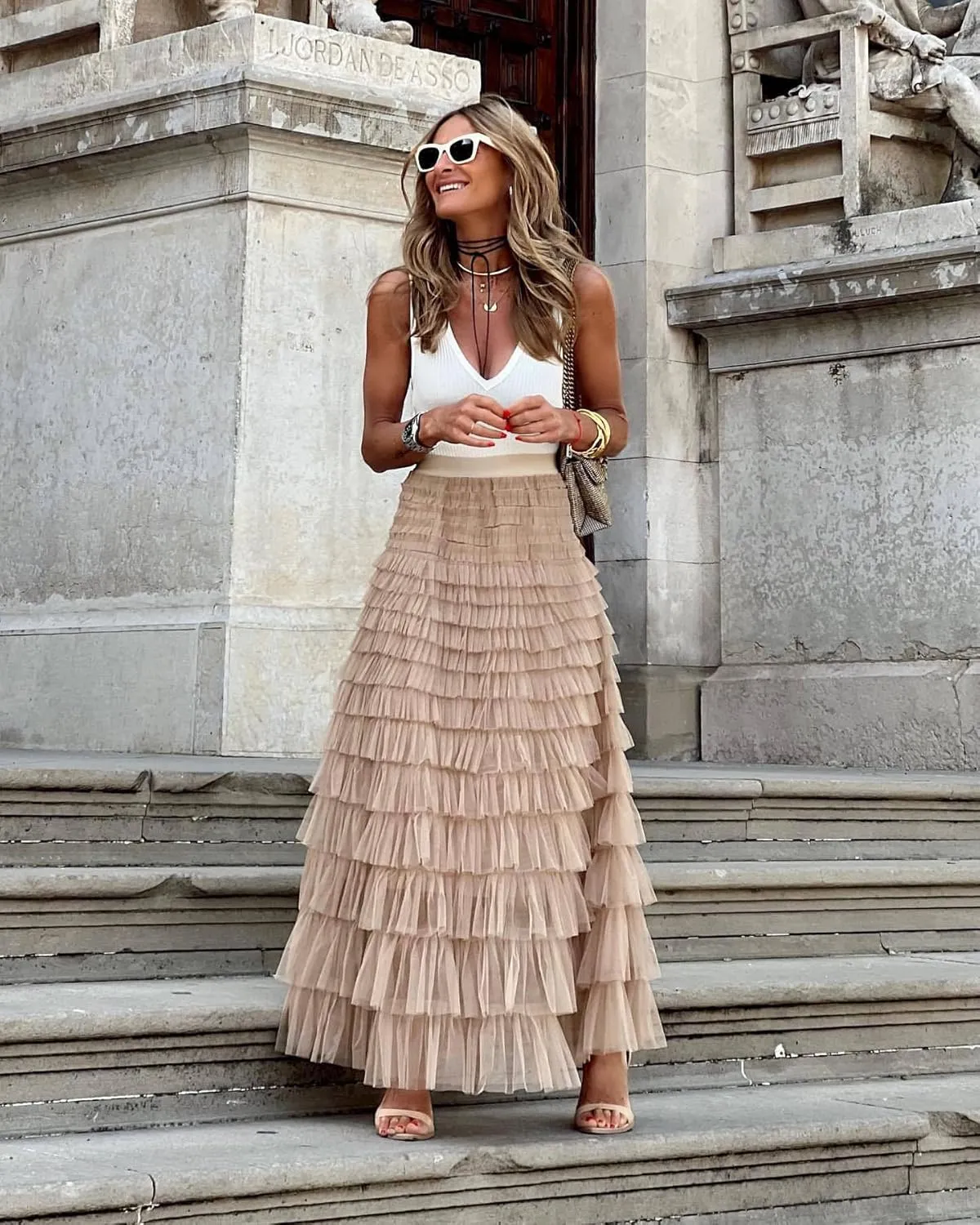 Womens Long Maxi Tulle Skirt A Line Ruffle Mesh High Waisted Tiered Layered Skirts Petticoat
