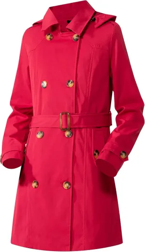Women's Trench Coat Double Breasted Classic Mid-Length Adjustable Belt Jacket with Detachable Hood and Vest