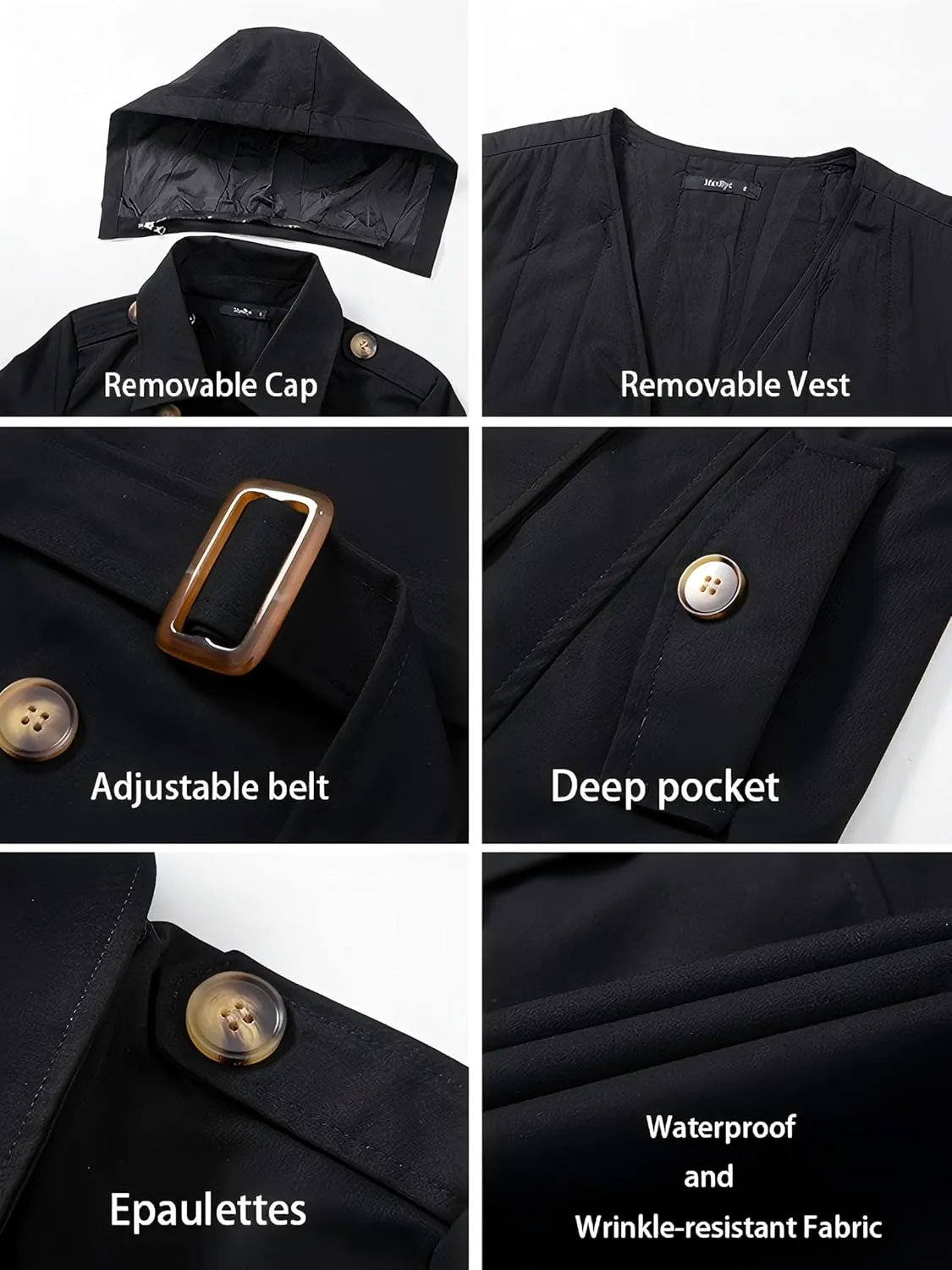 Women's Trench Coat Double Breasted Classic Mid-Length Adjustable Belt Jacket with Detachable Hood and Vest