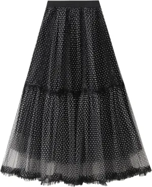 Women's Tulle Midi Skirt Elastic High Waist Layered Pleated Mesh Flowy A-Line Prom Party Long Tutu Skirts