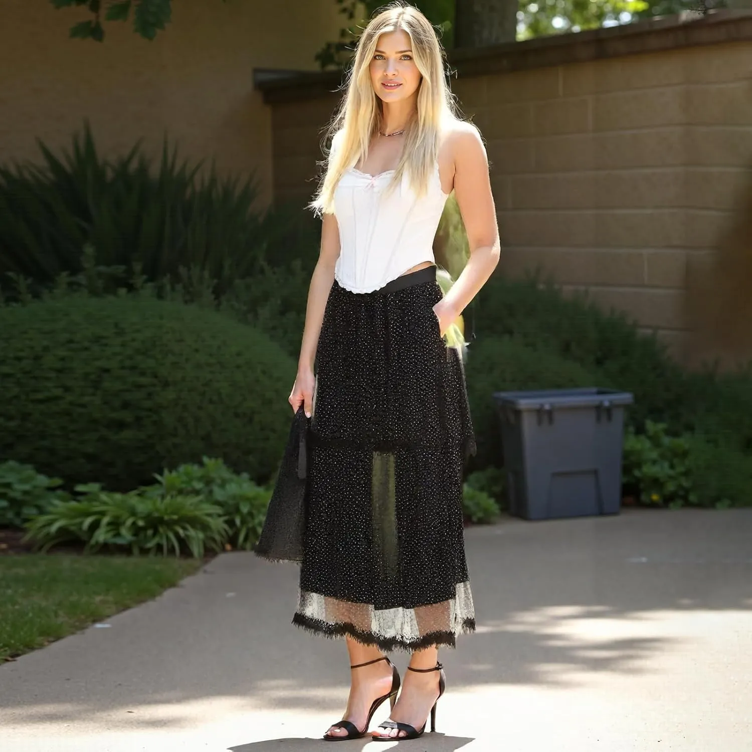 Women's Tulle Midi Skirt Elastic High Waist Layered Pleated Mesh Flowy A-Line Prom Party Long Tutu Skirts