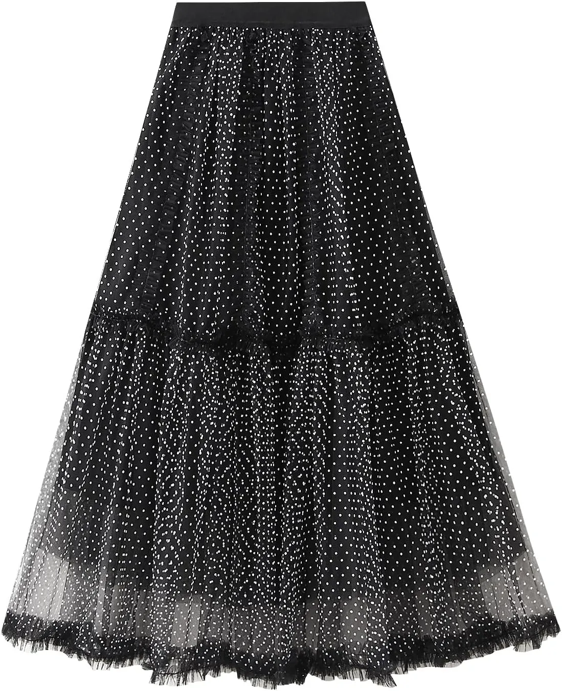 Women's Tulle Midi Skirt Elastic High Waist Layered Pleated Mesh Flowy A-Line Prom Party Long Tutu Skirts