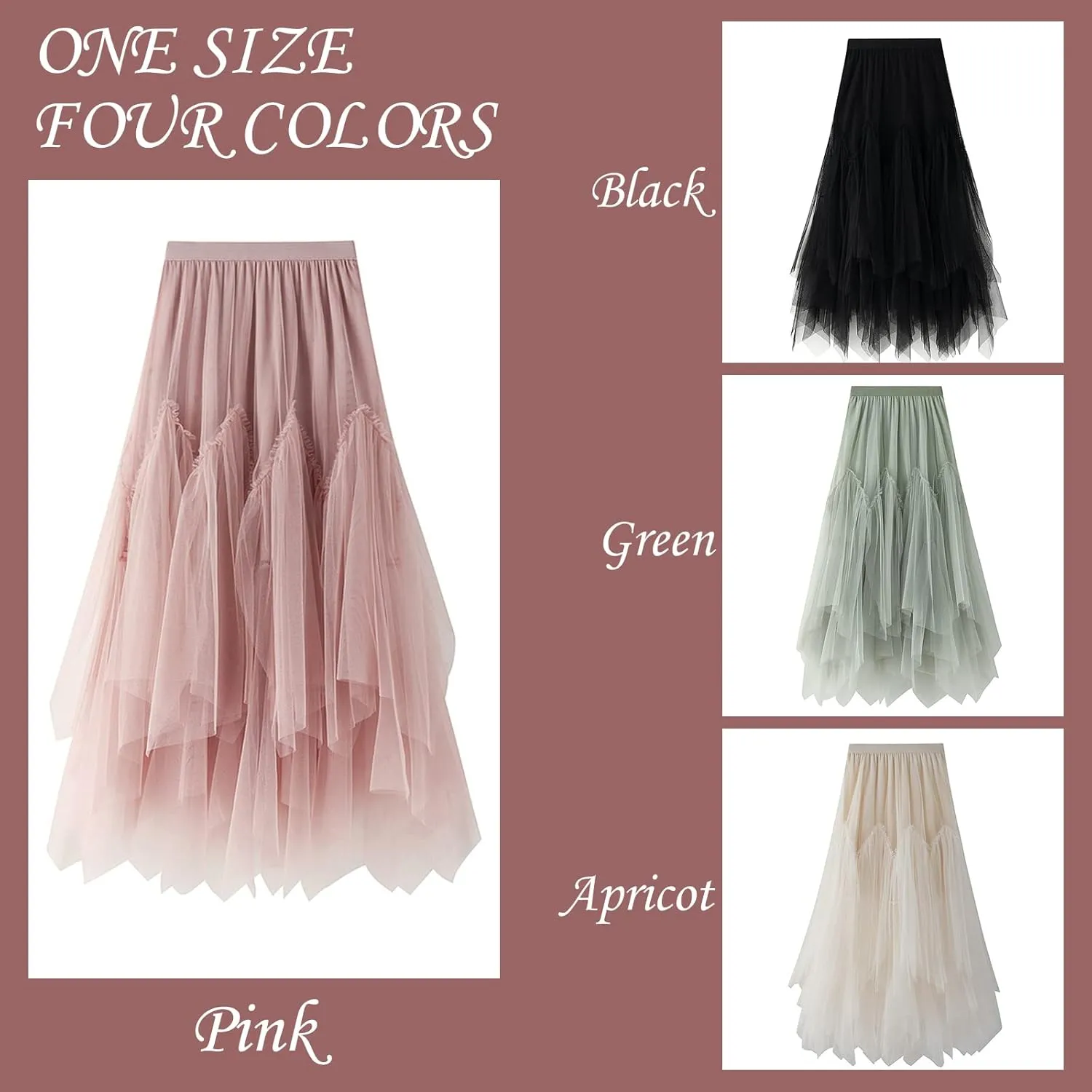 Women's Tulle Skirt Formal High Low Asymmetrical A-Line Fairy Elastic Waist Layered Long Midi Skirts