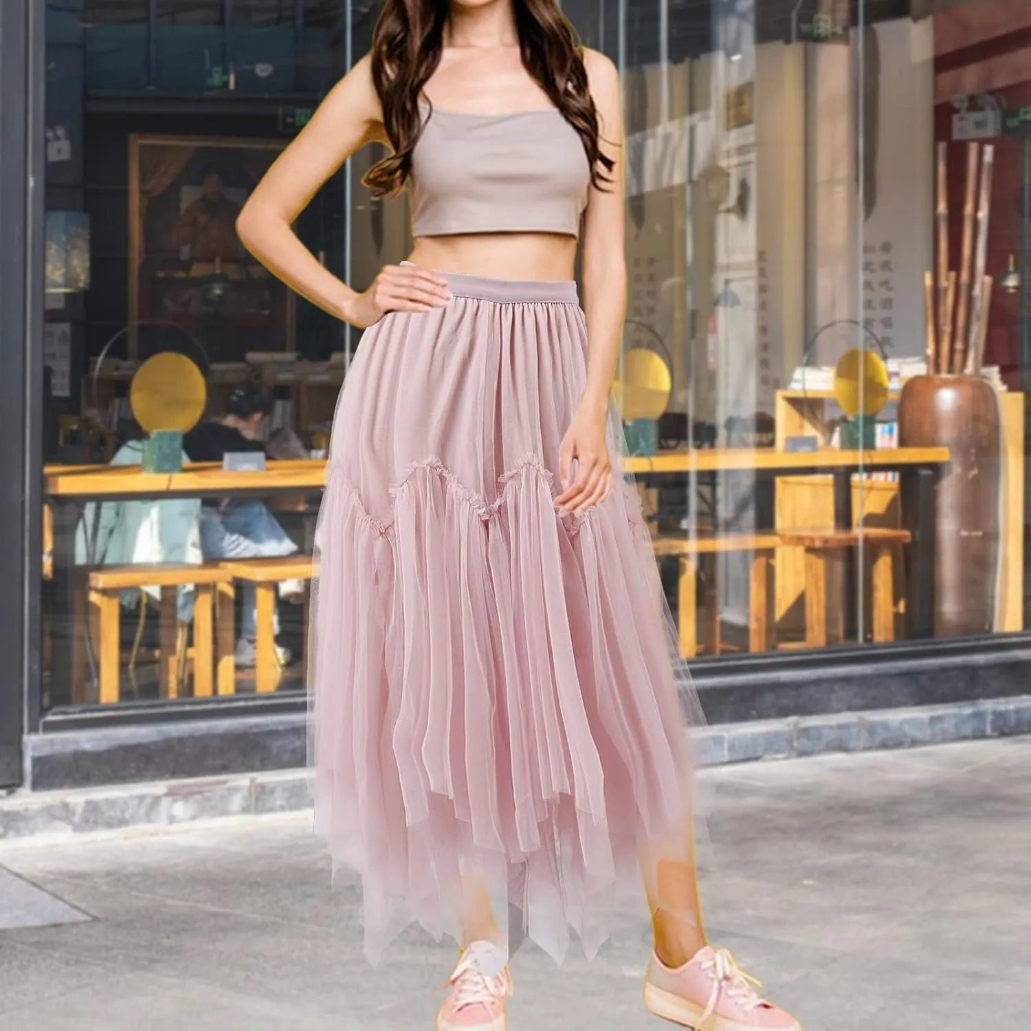 Women's Tulle Skirt Formal High Low Asymmetrical A-Line Fairy Elastic Waist Layered Long Midi Skirts