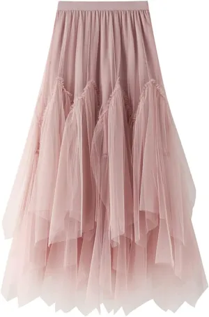 Women's Tulle Skirt Formal High Low Asymmetrical A-Line Fairy Elastic Waist Layered Long Midi Skirts