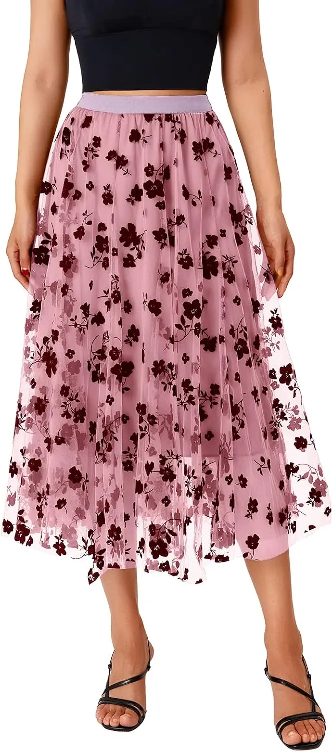 Women's Tutu Tulle Skirt Elastic High Waist Layered Midi Skirt Floral Lace Embroidery Mesh A-Line Skirt