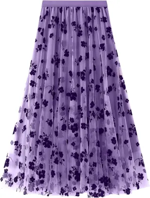 Women's Tutu Tulle Skirt Elastic High Waist Layered Midi Skirt Floral Lace Embroidery Mesh A-Line Skirt