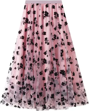Women's Tutu Tulle Skirt Elastic High Waist Layered Midi Skirt Floral Lace Embroidery Mesh A-Line Skirt