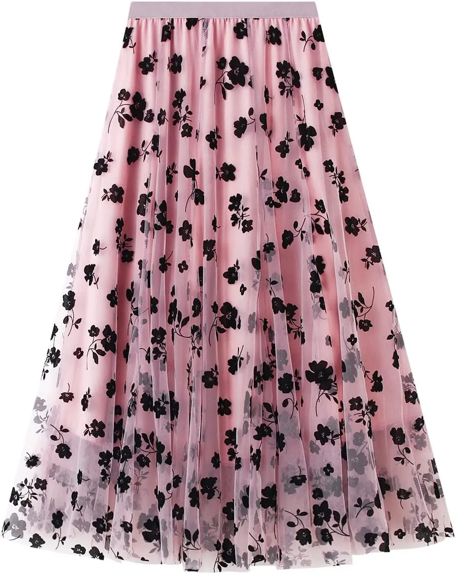 Women's Tutu Tulle Skirt Elastic High Waist Layered Midi Skirt Floral Lace Embroidery Mesh A-Line Skirt