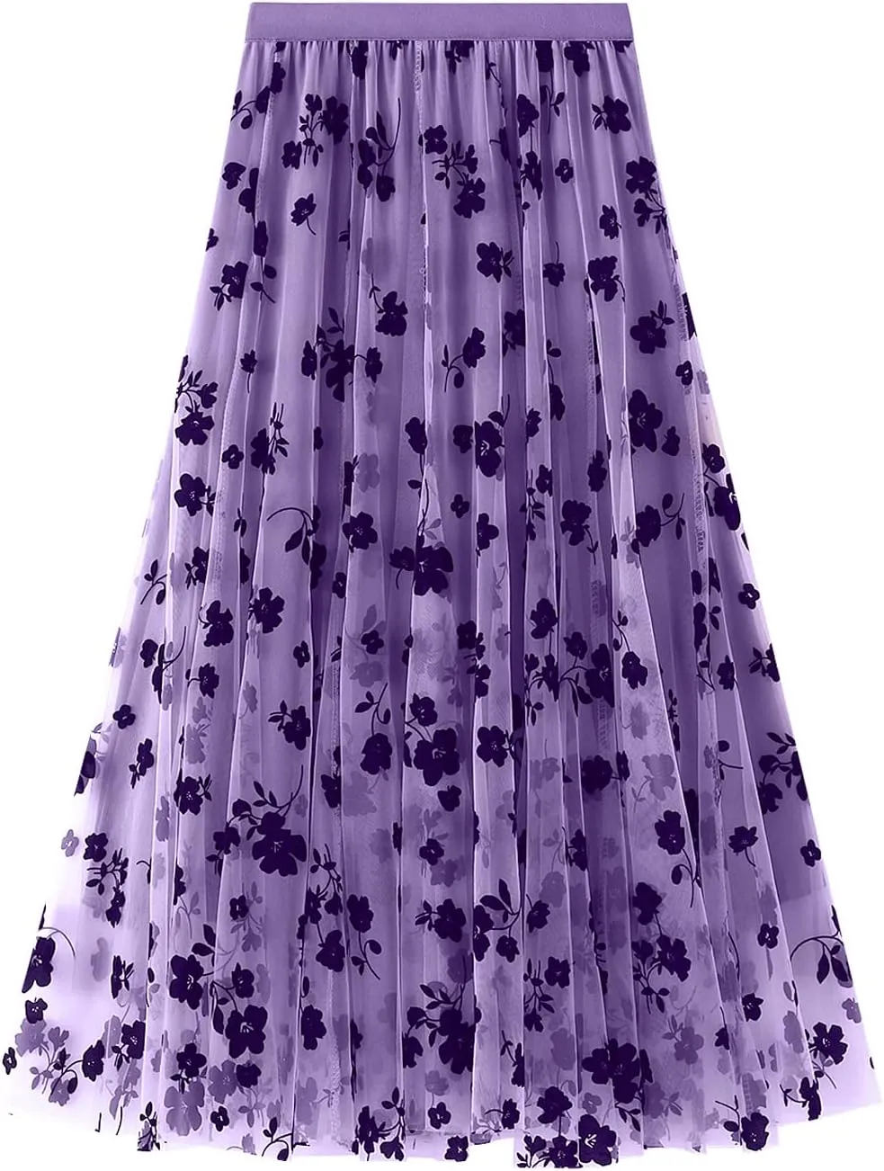Women's Tutu Tulle Skirt Elastic High Waist Layered Midi Skirt Floral Lace Embroidery Mesh A-Line Skirt