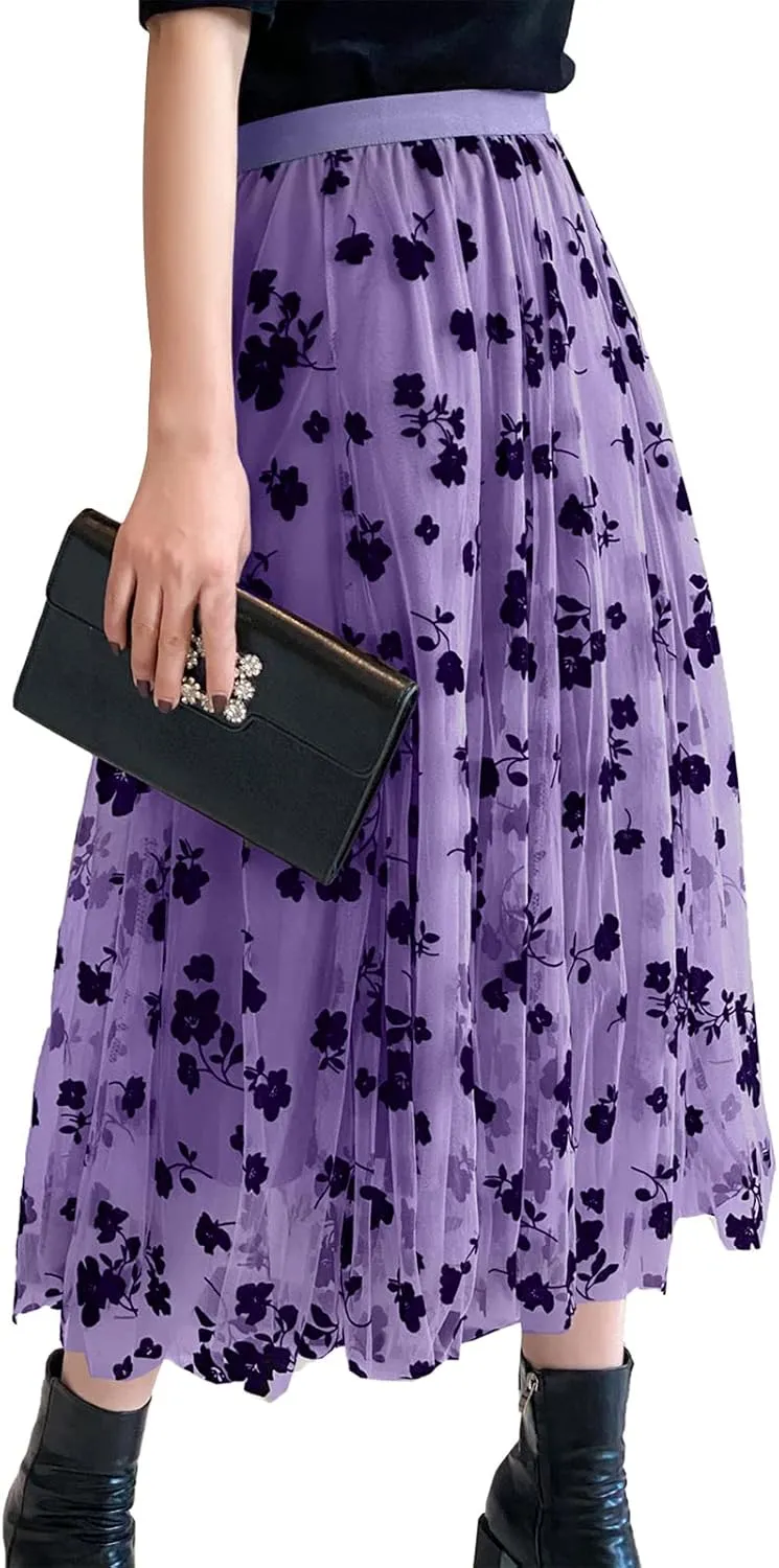 Women's Tutu Tulle Skirt Elastic High Waist Layered Midi Skirt Floral Lace Embroidery Mesh A-Line Skirt