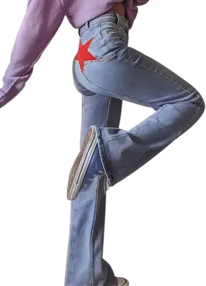Womens Vintage Hip Pentagram Color Block Patch Jeans Casual Denim Micro-Lab Pants Y2K Fashion Streetwear
