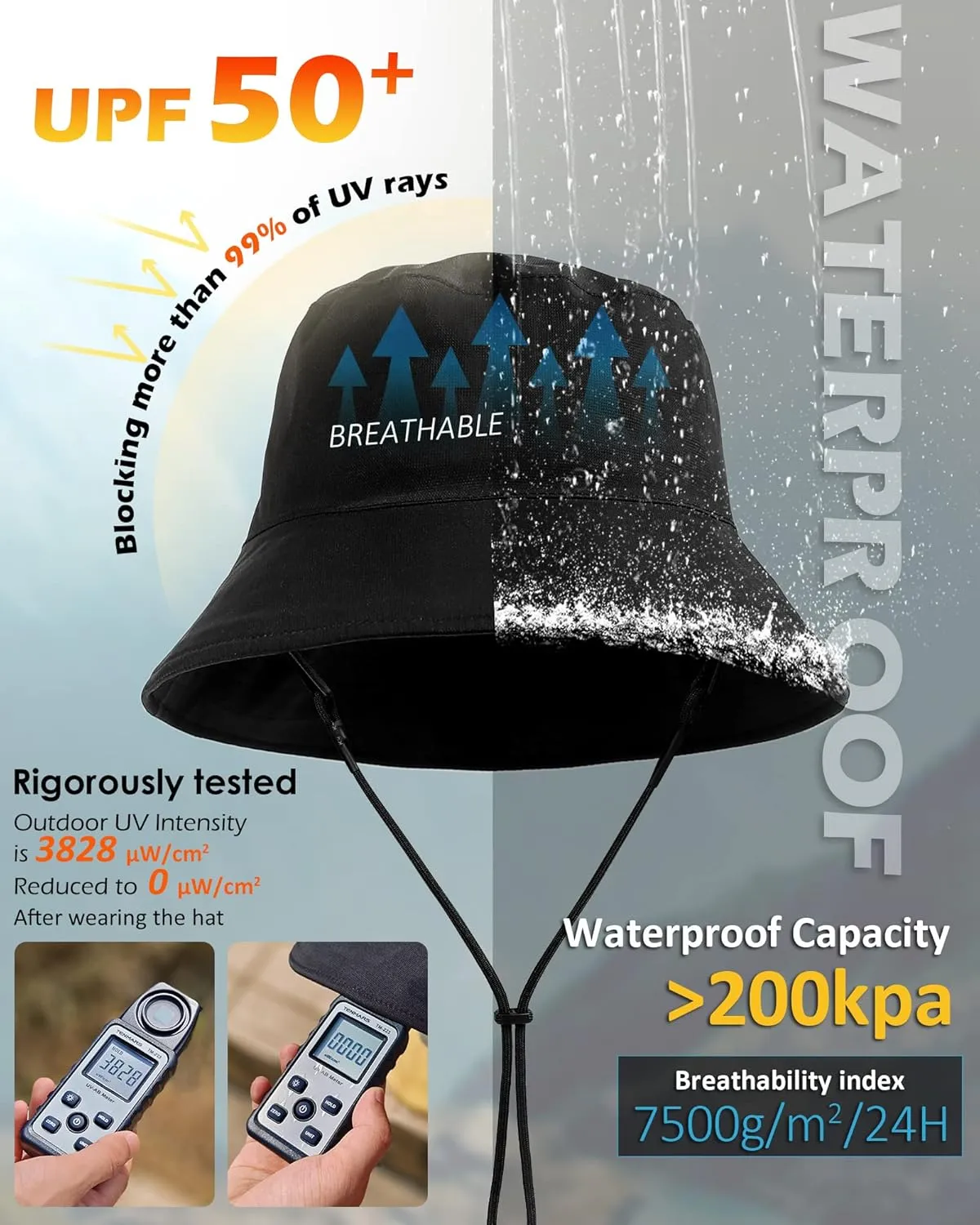 Womens Waterproof Bucket Sun Hat UPF 50  Outdoor Beach Boonie Floppy Rain Hat for Men Fishing Hiking Safari Cap with Strings