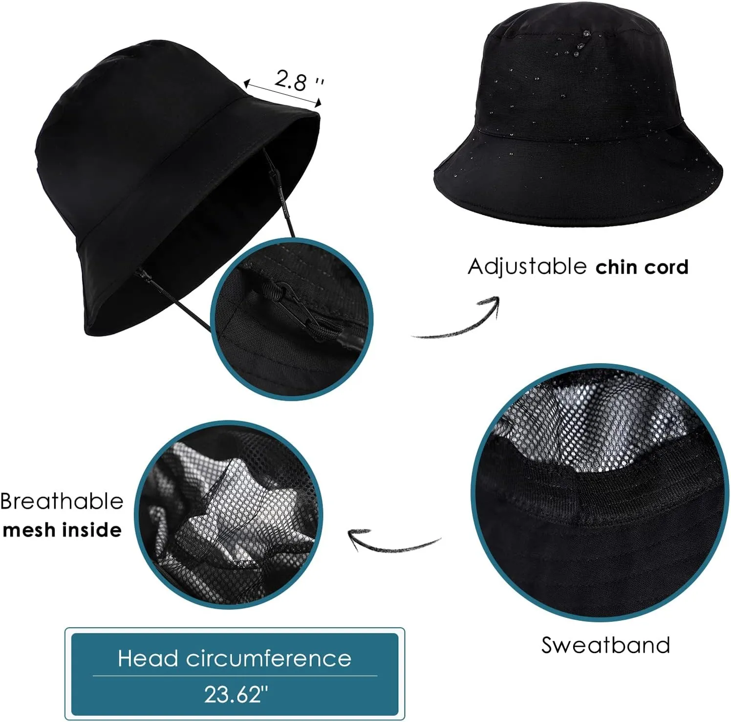 Womens Waterproof Bucket Sun Hat UPF 50  Outdoor Beach Boonie Floppy Rain Hat for Men Fishing Hiking Safari Cap with Strings