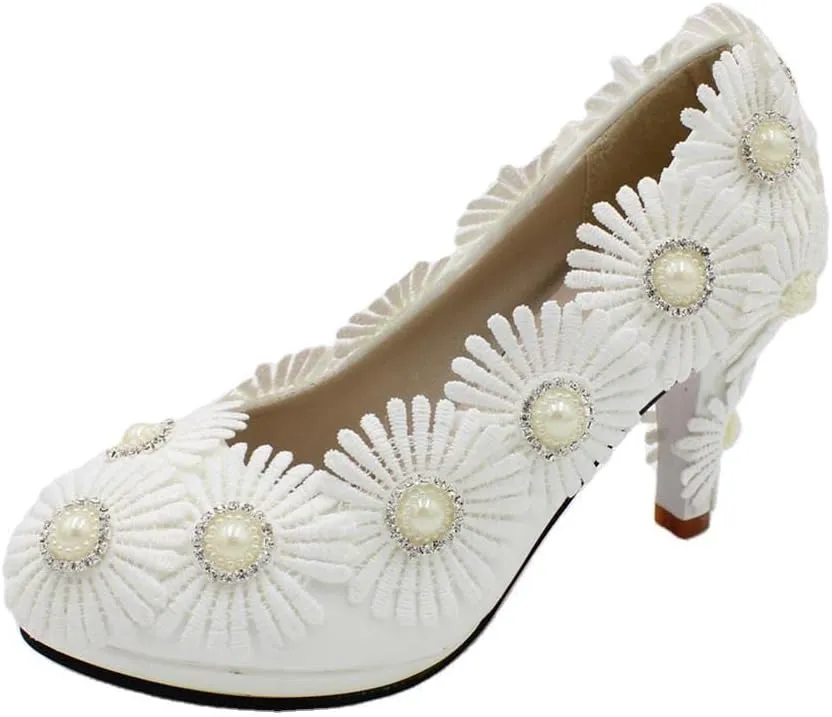 Women's White Wedding Shoes for Bride, Comfortable Prom Lace Bridal Pumps, Flower Bridesmaid Wedding Heels
