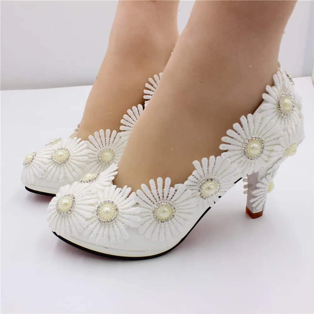 Women's White Wedding Shoes for Bride, Comfortable Prom Lace Bridal Pumps, Flower Bridesmaid Wedding Heels