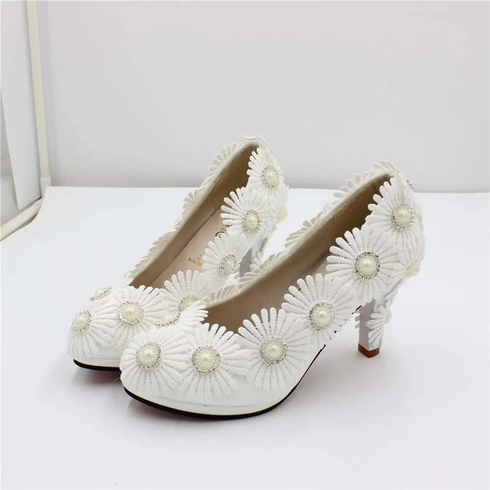 Women's White Wedding Shoes for Bride, Comfortable Prom Lace Bridal Pumps, Flower Bridesmaid Wedding Heels