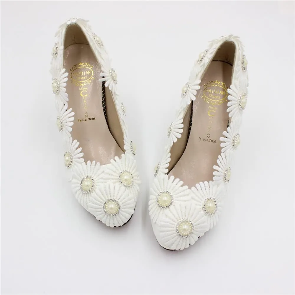 Women's White Wedding Shoes for Bride, Comfortable Prom Lace Bridal Pumps, Flower Bridesmaid Wedding Heels