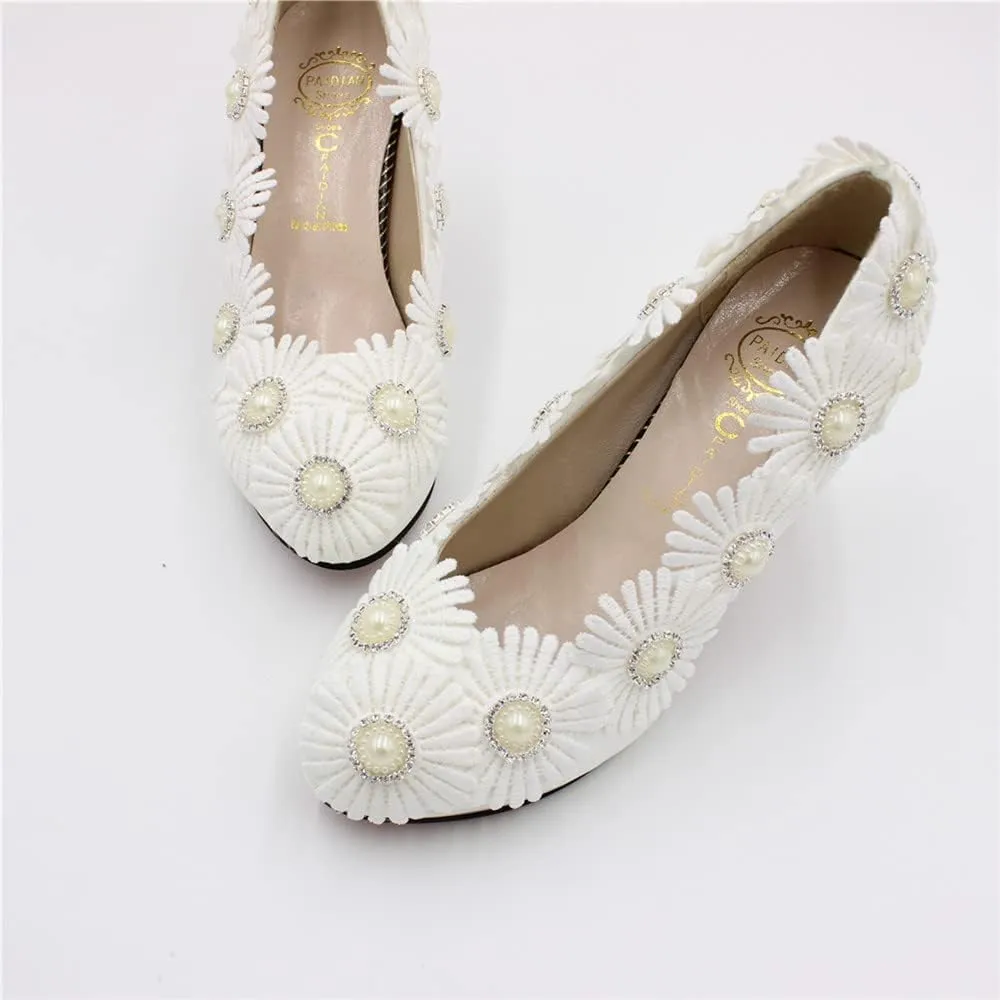 Women's White Wedding Shoes for Bride, Comfortable Prom Lace Bridal Pumps, Flower Bridesmaid Wedding Heels